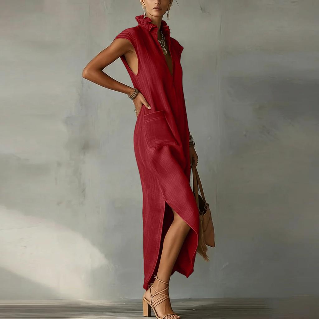 Ladies' Fashionable And Casual Cotton Linen Sleeveless Loose V-neck Dress