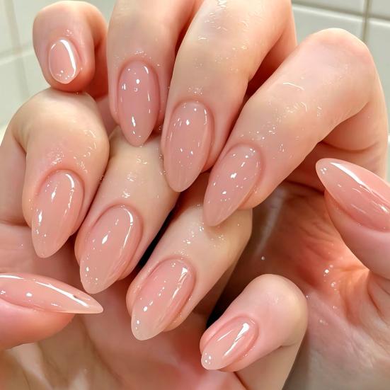 24Pcs Women Nude Press on Nails, Natural Glossy Almond Stick-on Fake Nails, Full Cover Long Glue on False Nails