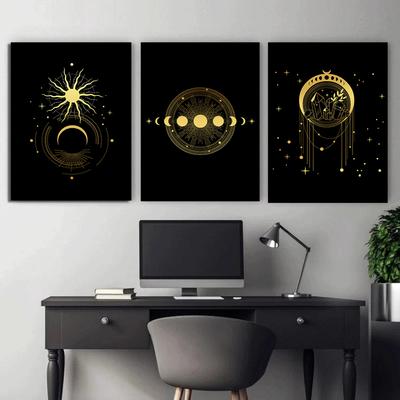 Black Gold Sun Moon Star Boho Canvas Painting Poster Print Modern Home Decor Abstract Wall Art Picture Nordic Living Room Decor No Frame