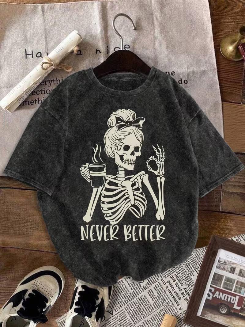 

Vintage Washed Distressed Cotton TShirt with Funny Skeleton Sarcastic Quote Print Streetwear for Men Women Soft Daily Outfit S