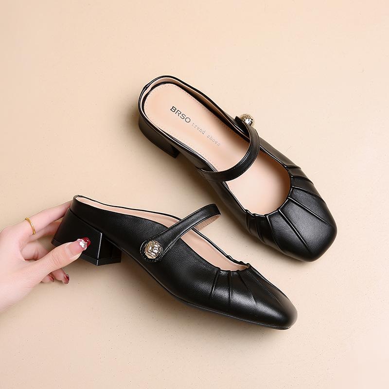 2025 Spring and Autumn New Square Head with Simple Mary Jane Shoes French Thick Heel Low Heel Shallow Mouth Fold Half Drag Women