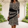 Women Plus Size Round Neck Long Sleeve Black Beige Leopard Printed A Line Dress