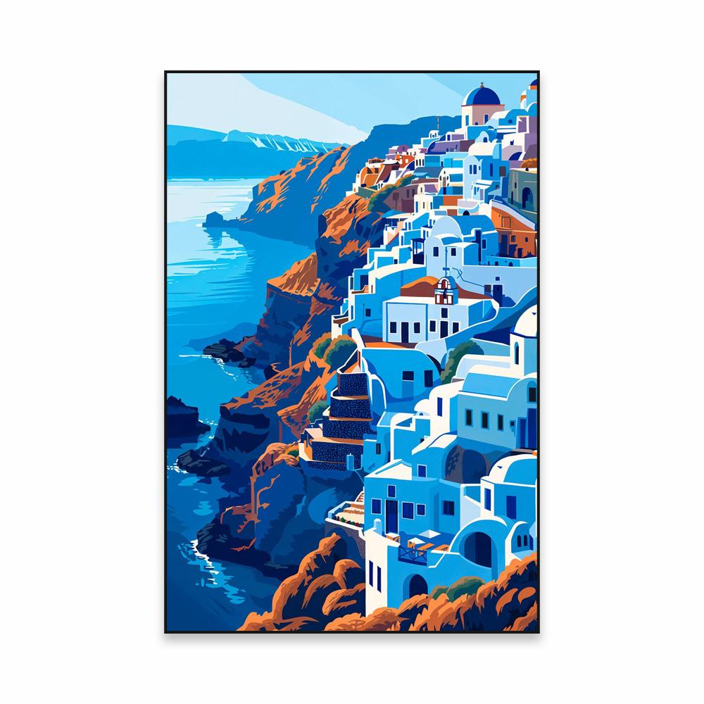 Greek Island Coastal Blue Sea Art Poster Classical Santorini Landscape Print Greece Seascape Canvas Painting Mediterranean Decor