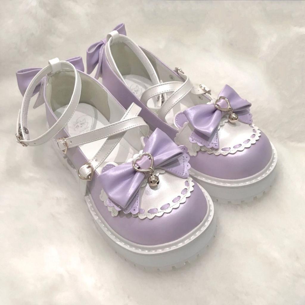 Lovely Girls Lolita Sweet Bowknots Platform Shoes,Students Cute Small Bell Heart Shaped Straps Flat Elevator Shoes Mary Janes