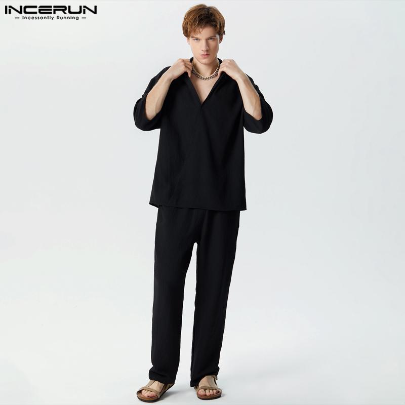 

INCERUN Мужские топы с V-образным вырезом и короткими рукавами и длинные повседневные брючные костюмы