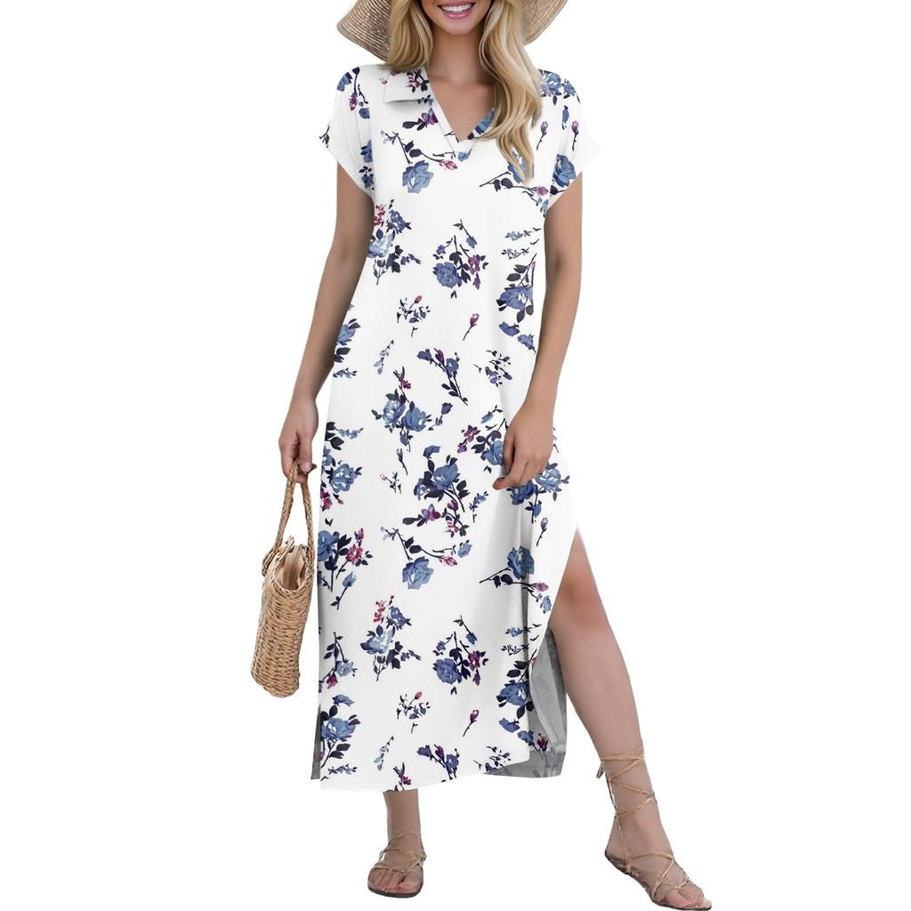 Women's Casual Comfortable V Neck Loose Hem Split Vacation Short Sleeve Floral Long Dresses