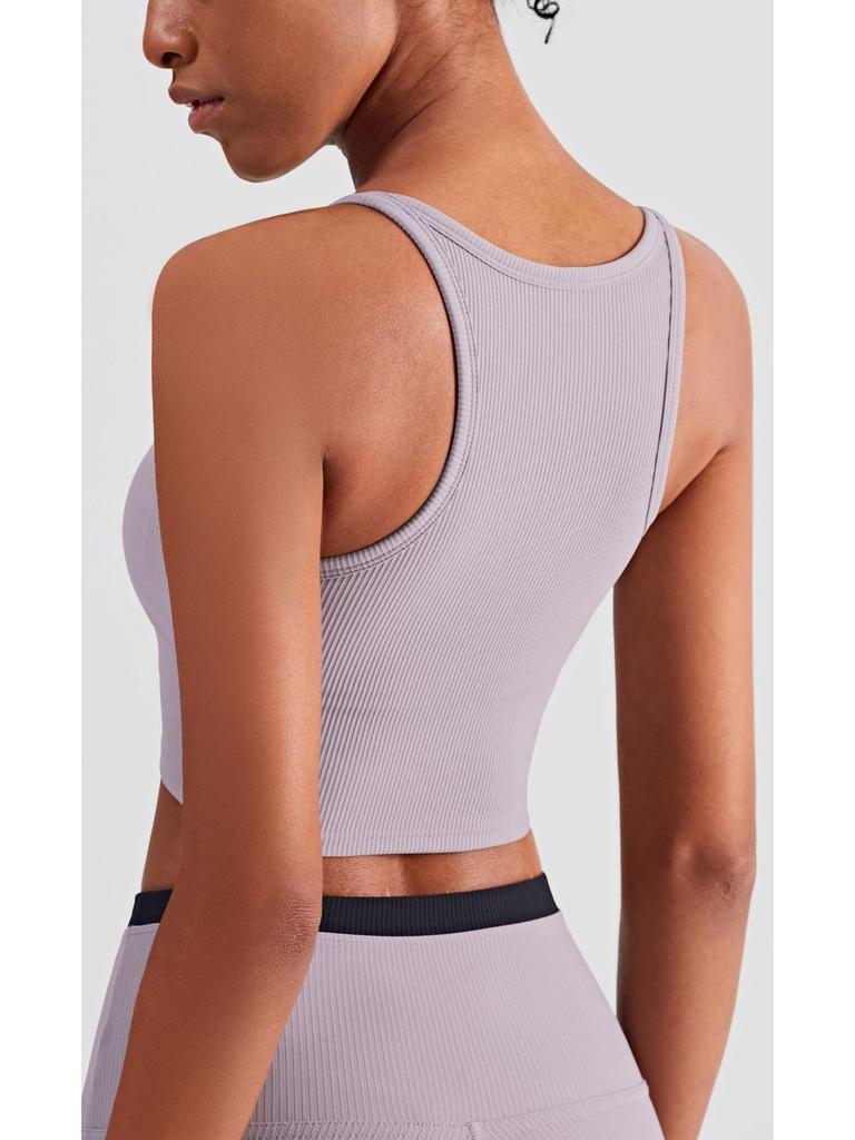 Women's European and American Slimming Ribbed High Neck Yoga Tank Top - Anti-Exposure, Beautiful Back Fitness Apparel for Summer