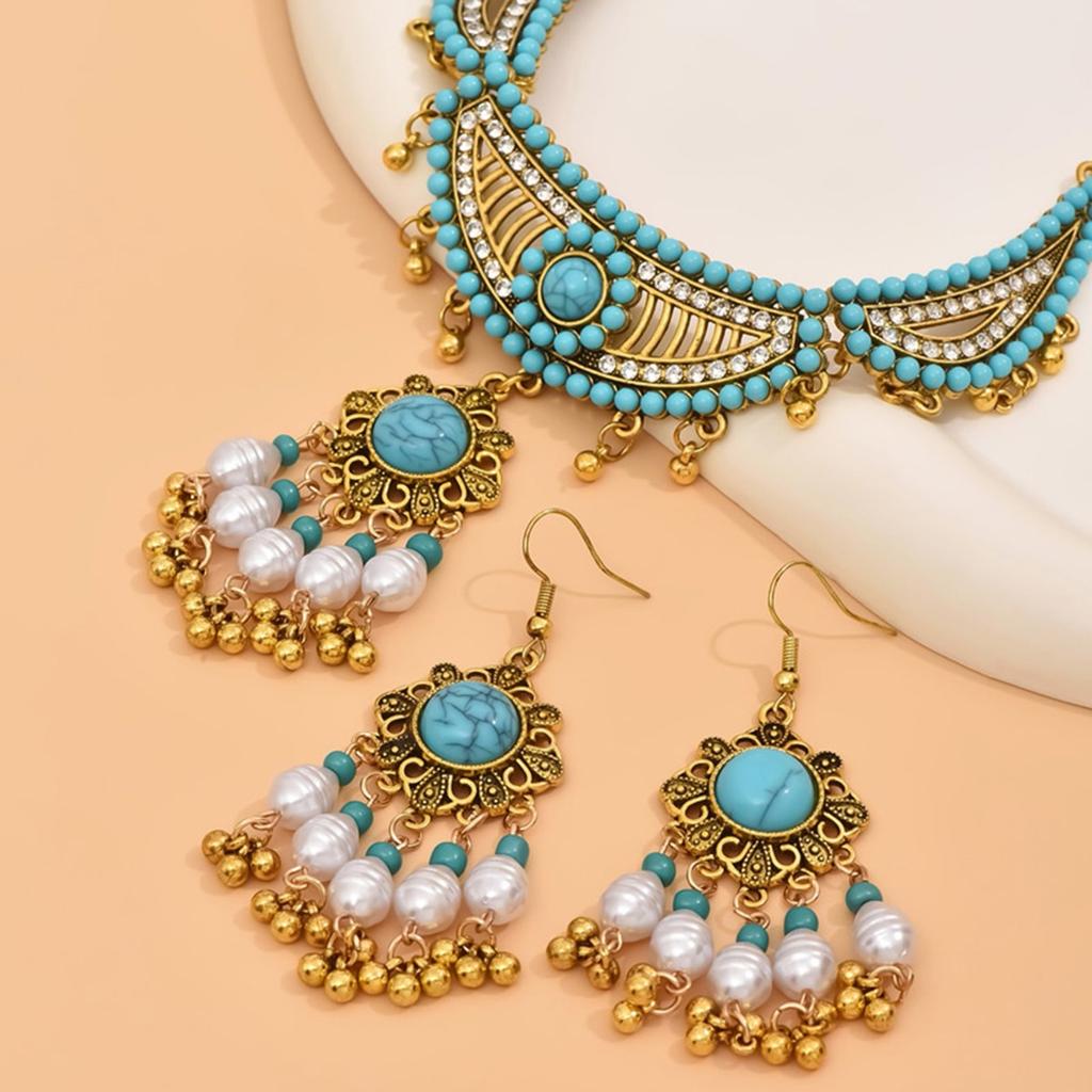 2025 New Design Boho Style Turquoises Bridal Necklace Earring Sets Suitable For Woman Wedding Party Gifts