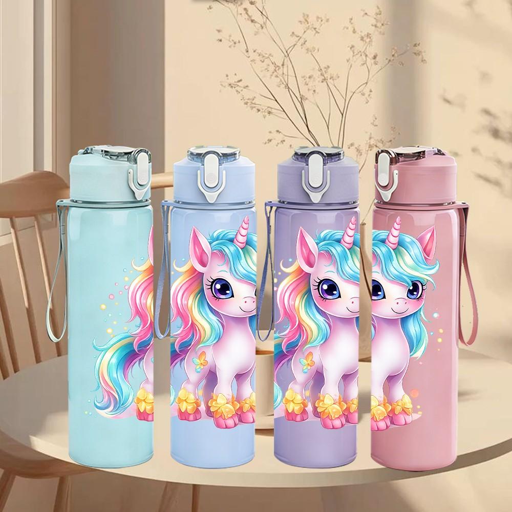1PC Bright Pastel Unicorn Character Print 750ml Color Plastic Sports Water Bottle Leakproof Flip Straw Lid Suitable for Sports Office Home Use