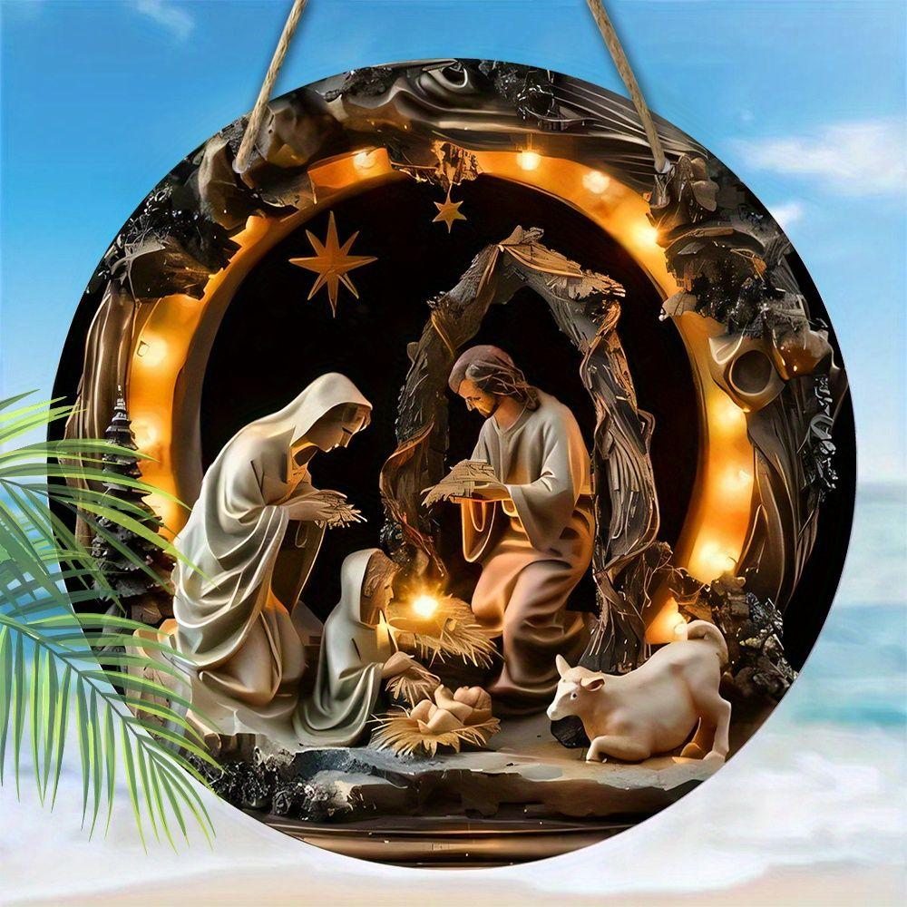 Nativity Scene Christmas Round Wooden Hanging Sign, 2D Flat Wooden Religious Wall Decor, Birth of Jesus Home Ornament