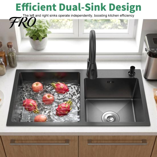 Double Bowl Kitchen Sink Sink, 30.7x16.9 Inch Stainless Steel with Nano Coating, Deep Drop-in/Top-Mount for Modern Kitchen, Includes Drain