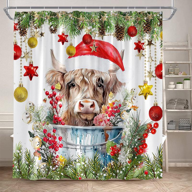 Christmas Highland Cow Shower Curtain Winter Cedar Snowy Xmas Gifts Farm Animal New Year Home Bathroom Curtains Decor With Hooks