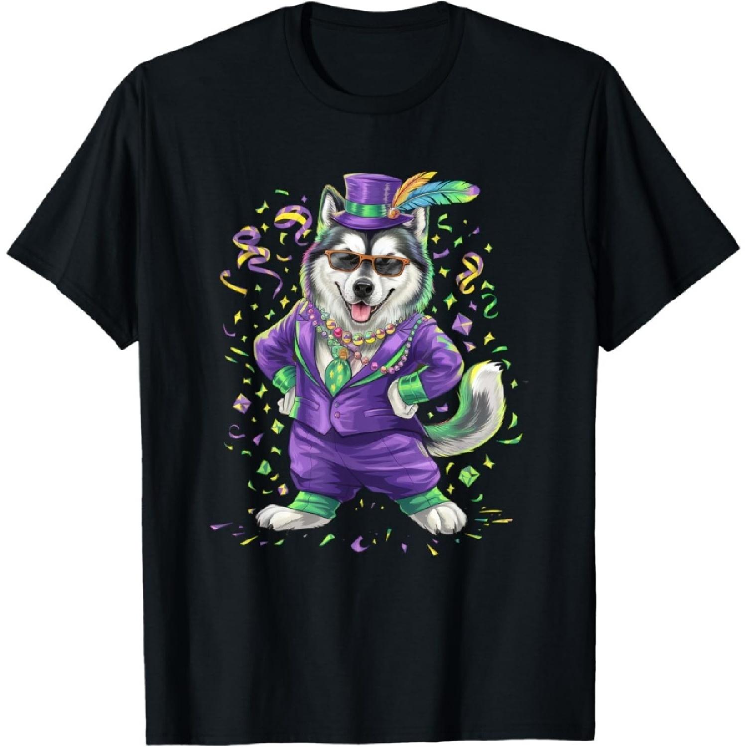 

Funny Dog Mardi Gras Design Alaskan Malamute T-Shirt XXXXXL чорний