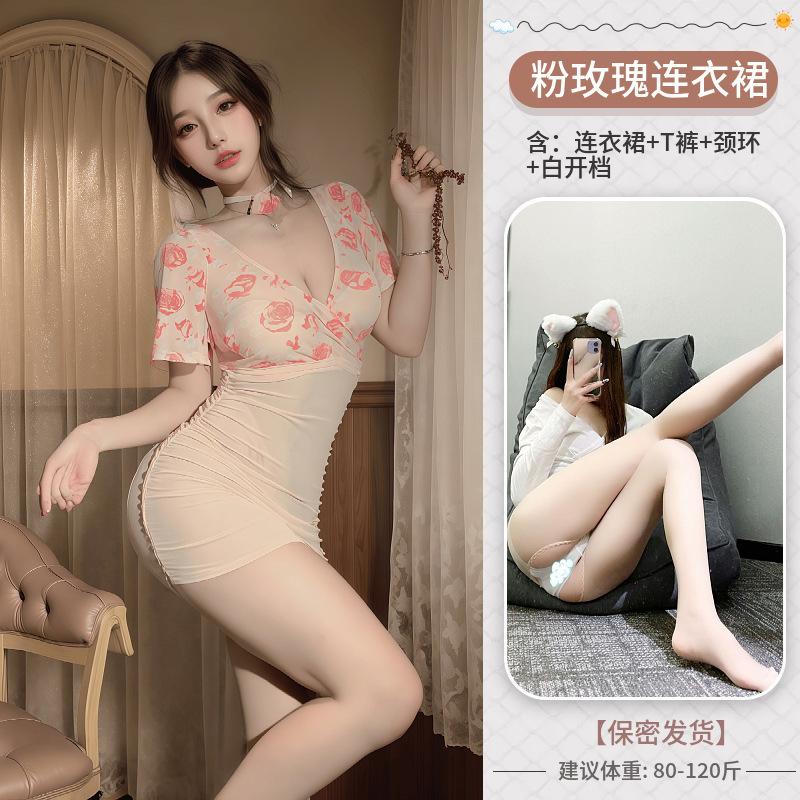 Sex underwear sexy perspective deep V floral rose light yarn hip skirt pure desire backless uniform
