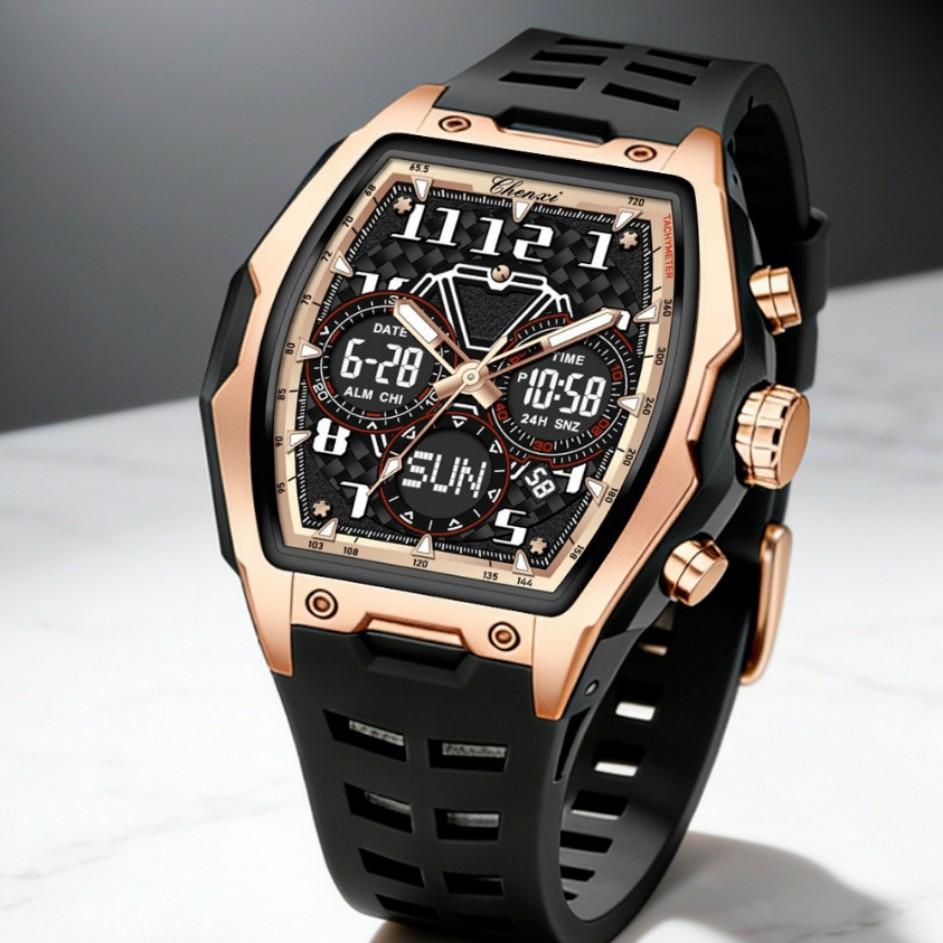 Men's watch barrel-shaped men's double display watch sports waterproof large dial multi-function electronic watch