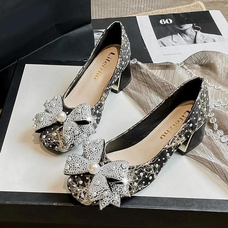 New Women Shoes Modern Pumps Girl Luxury Pearl Bowknot High Heels Shoes Ladies Party Dress Shoes
