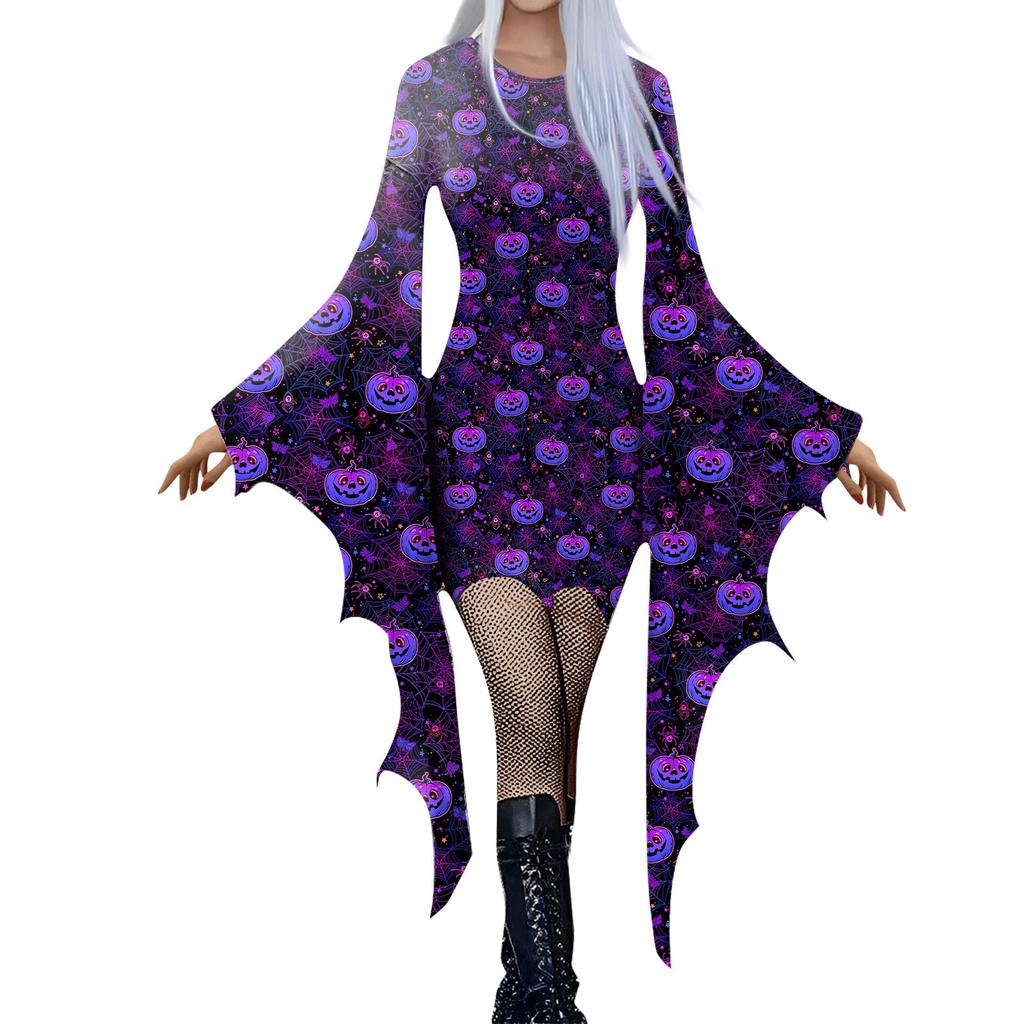 Women Fashion Gothic Punk Bat-Sleeve 3D Cute Halloween Print Irregular Party Dress