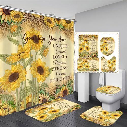 Five Sunflowers Bathroom 4 Piece Set Shower Curtain Bath Mat Curtain Toilet Lid Mat Toilet Pedal