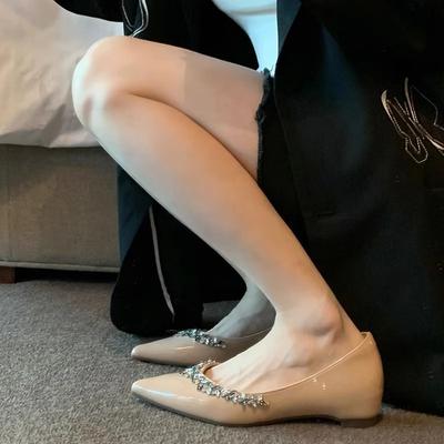 Version cuir de vache~ Vent du soir français rehausse intérieure 4cm strass pointu polyvalent plat Mary Jane chaussures simples chaussures de ville peu profondes