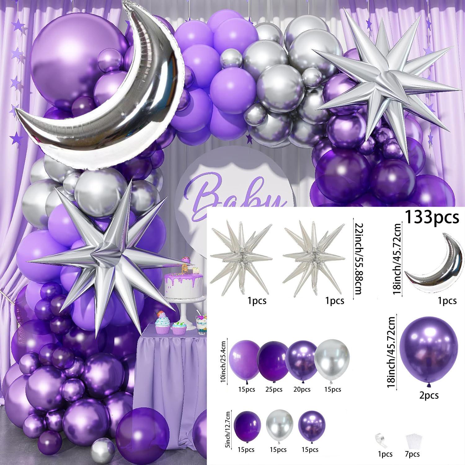 

133pcs Dark Purple Balloon Arch Set,lilac and Metallic Purple Silver Moon Suitable for Outdoor Decoration on Ramadan Anniversary 18inch