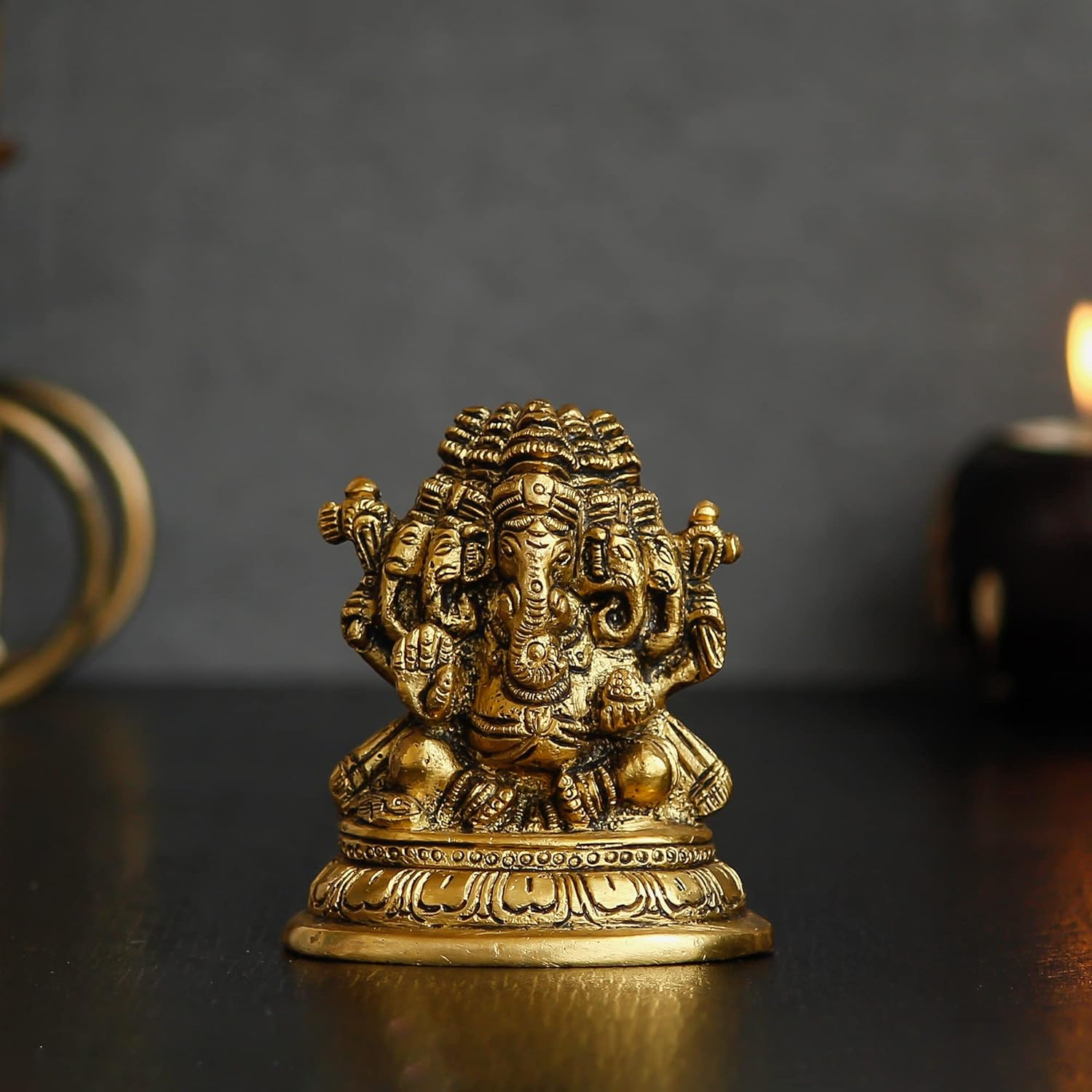 Handcrafted Golden Brass Panchmukhi Lord Ganesha Idol, Hindu God Idol, Brass