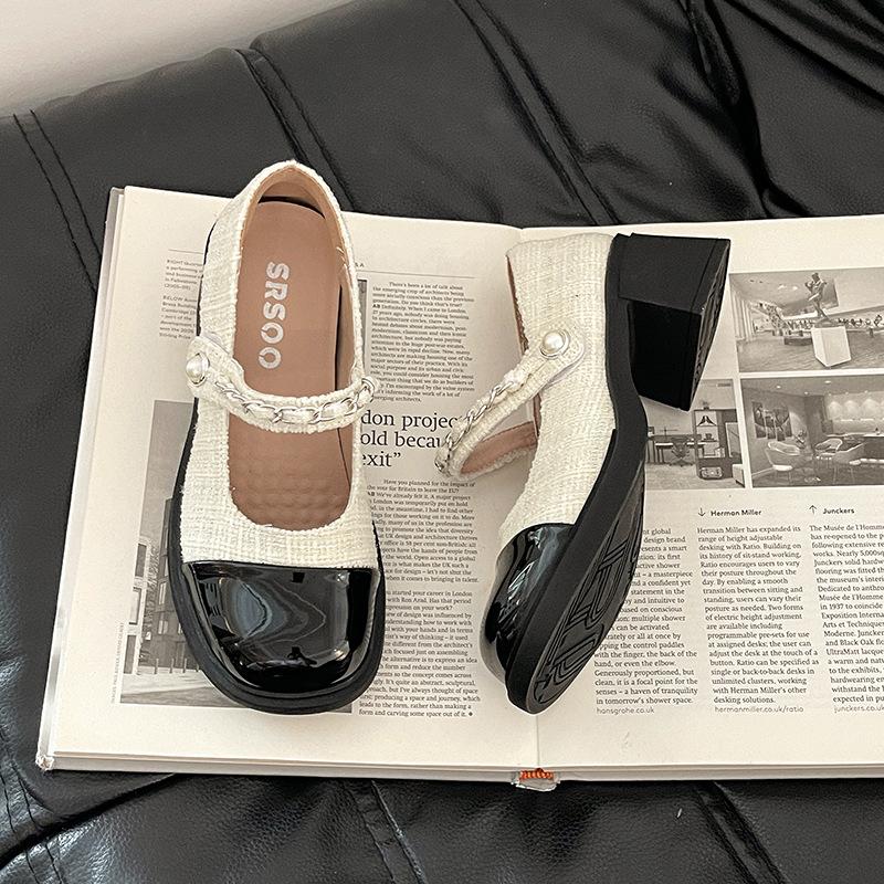 Retro Temperament Pearl Single Shoes Round Head Mary Jane Small Leather Shoes Women's Summer New Color Matching