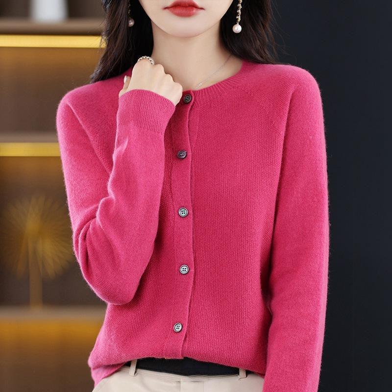 Long Sleeve Merino Woolen Sweaters Cashmere Cardigan Spring Autumn Women O-Neck Knitwear Tops Clothing Fashion Basic Tops