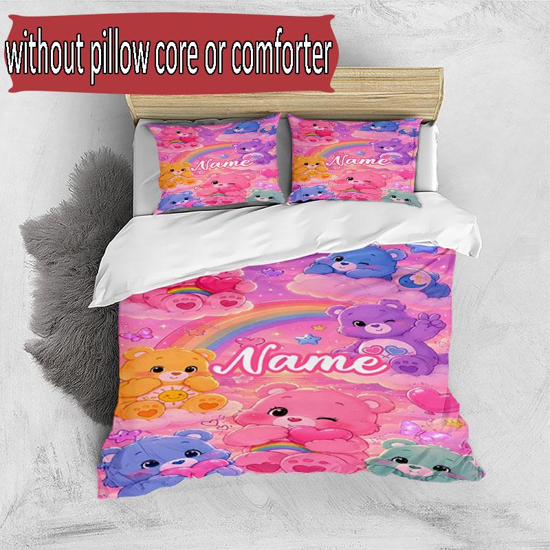 3'lü Nevresim Takımı (1*Nevresim Kılıfı + 2*Yastık Kılıfı, Çekirdeksiz), Kişiye Özel İsimli Care Bears Desenli Nevresim Takımı, Ev Yatak Odası Dekorasyon Hediyesi