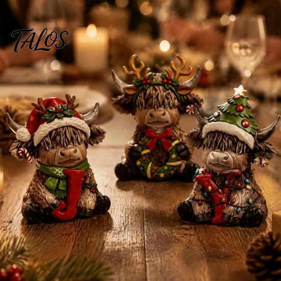 Indoor Holiday Scene Decorations 2/3Pcs Christmas Highland Cow Wooden Tabletop Sign, 2D Flat Yak Ornament Figurine with Garland Bow Hat, Festive