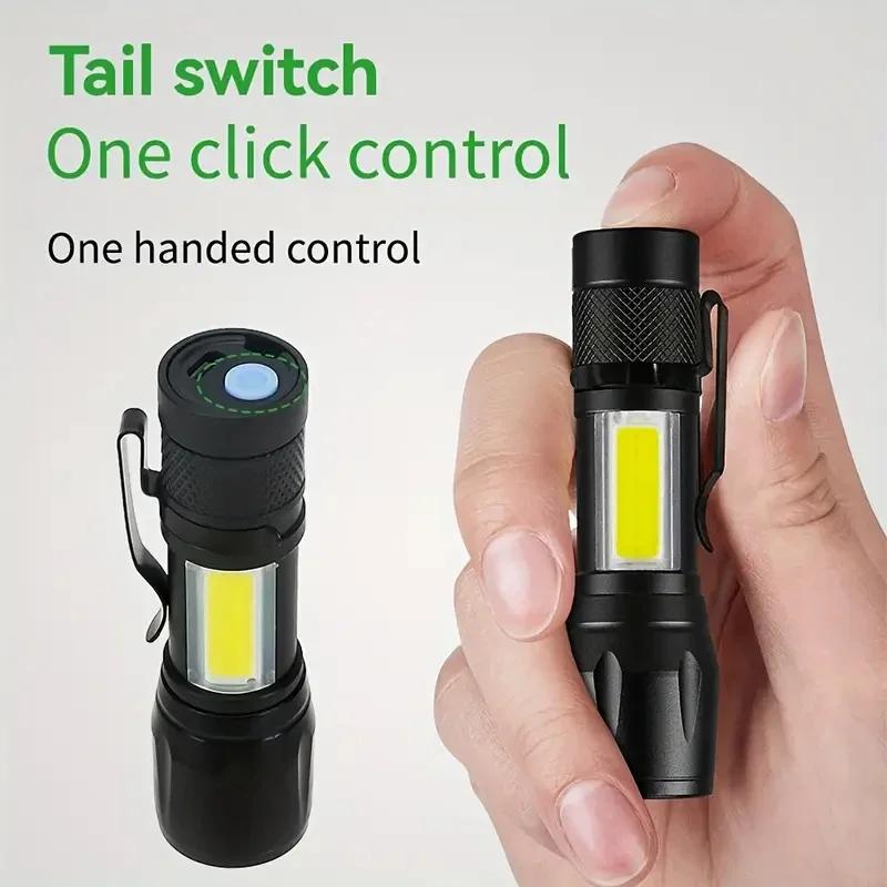 Powerful Mini LED Flashlight COB XPE Zoom Torch Built-in Battery USB Rechargeable with Pen Clip for Outdoor Camping Hiking Emergency Daily Use Light
