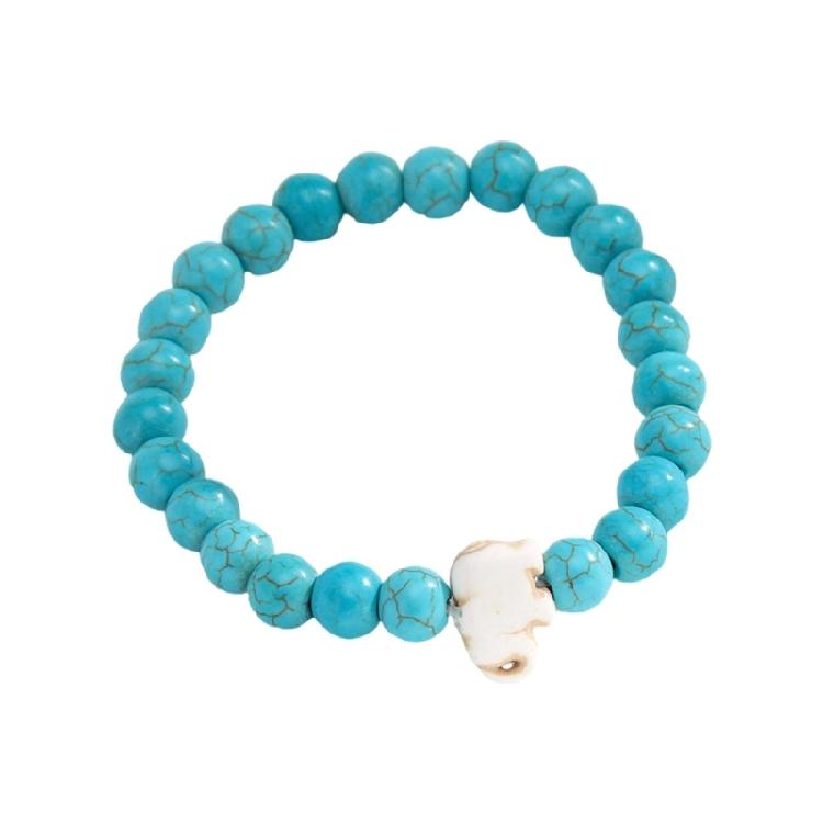 8MM Round Gemstones Bracelet With Turquoise Accent And Elephant Charm Perfect For Adding A Natural Touch To Outfits