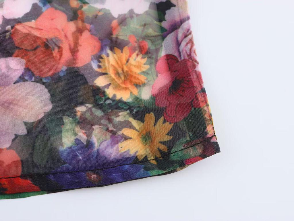 2025 Spring Women's European & American Organza Print Puff Sleeve Shirt