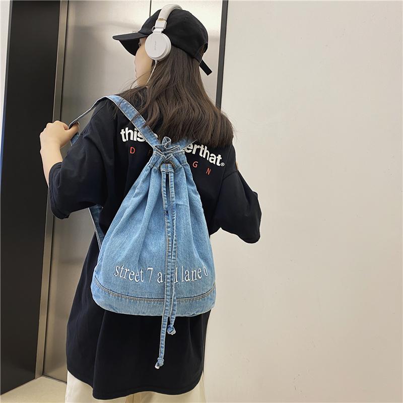 Denim Drawstring Backpack Women's Backpack Letter Embroidery Student Schoolbag