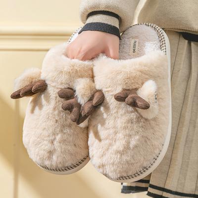 Niedliche Geweih Plüsch Baumwollpantoffeln Herbst und Winter Indoor Zuhause Rutschfest Leise Plüsch Warm Paar Bodenwischer