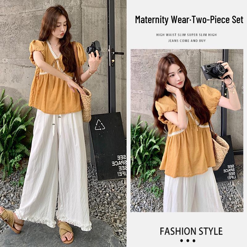 2026 Summer Maternity Set: Puff Sleeve V-Neck Crochet Top & Wide Leg Pants L