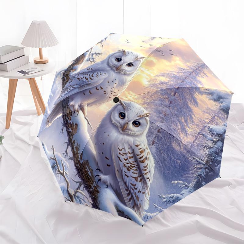 1 PC Automatic Folding Umbrella - Winter Snowy Owls Pattern, Portable & Foldable Design with 8 Ribs, Christmas Birthday Gifts