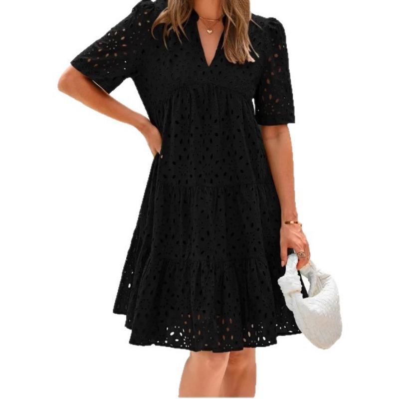 Women V Neck Hollow Lace Short Sleeve A Line Beach Vacation Midi Dress