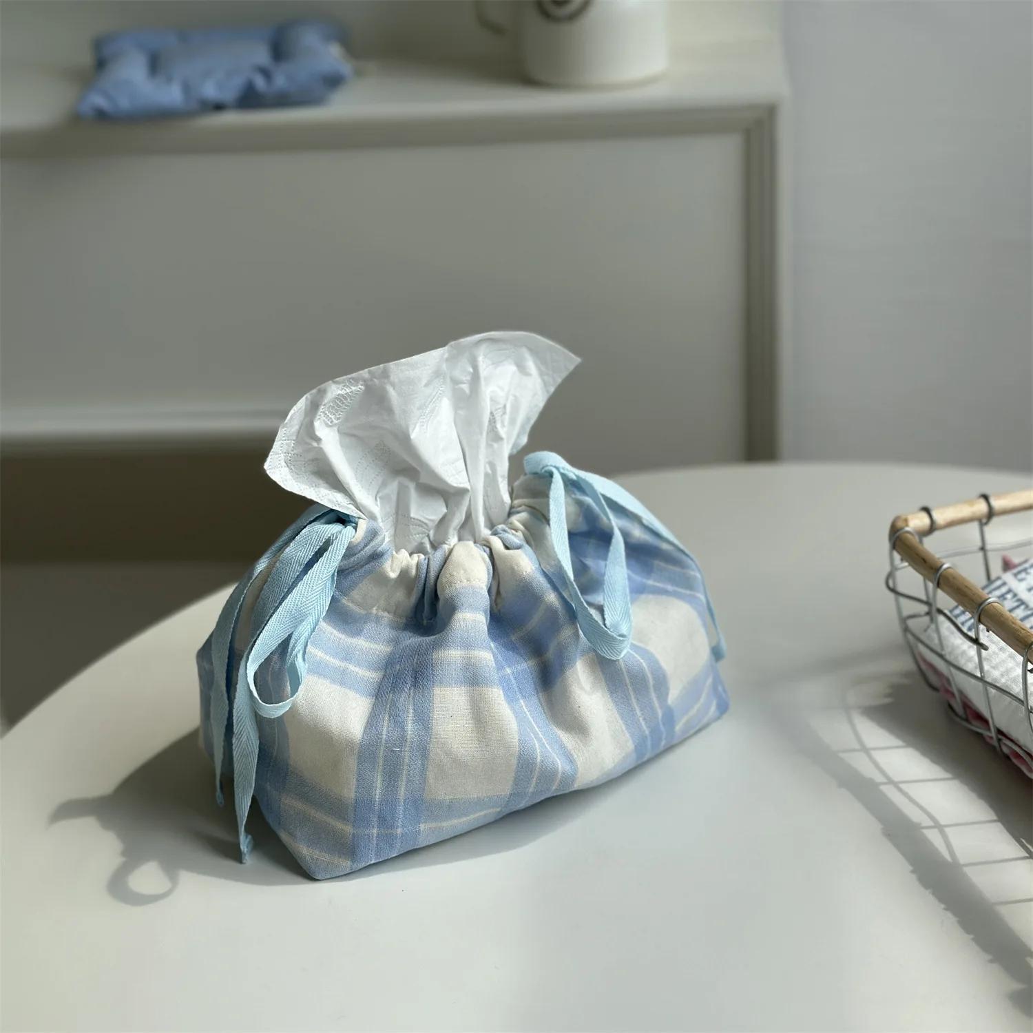 

Blue Striped Drawstring Tissue Bag Storage Bag Napkin Paper Case Home Organizer Nordic Decoration Accessories For Livingroom
