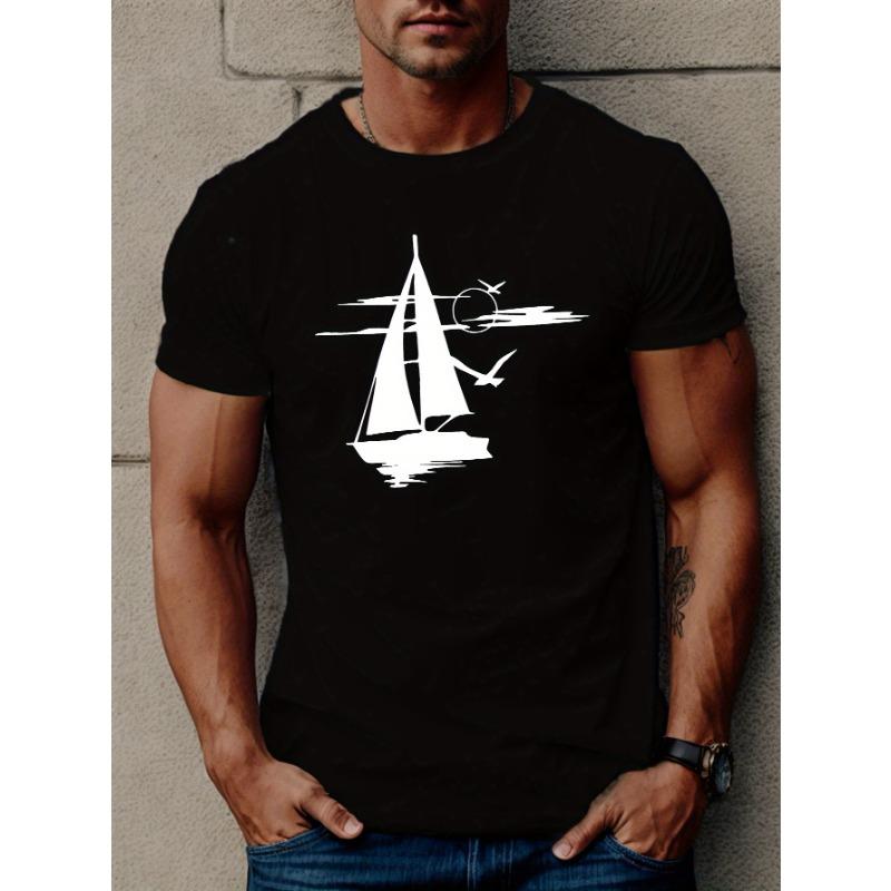 

European sizes Men s Casual Crew Neck T-Shirt with Sailboat Graphic, Knit Fabric, Geometric-Pattern, Lightweight Summer Top with Slight Stretch S чёрный