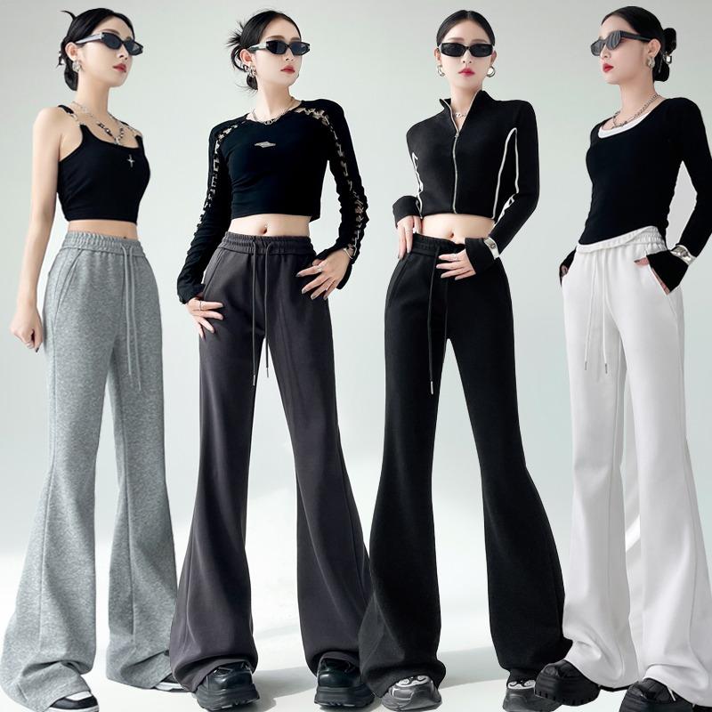 Elegant Women Casual Wide Leg Flare Pants New Fashion High Waist Loose Solid Straight Trousers Women Solid Drawstring Simple Office Ladies Pants 2344