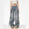 Unisex Multi-Pocket Wide Leg Ripped Denim Jeans - Trendy American High Street Style