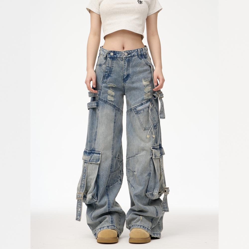Unisex Multi-Pocket Wide Leg Ripped Denim Jeans - Trendy American High Street Style