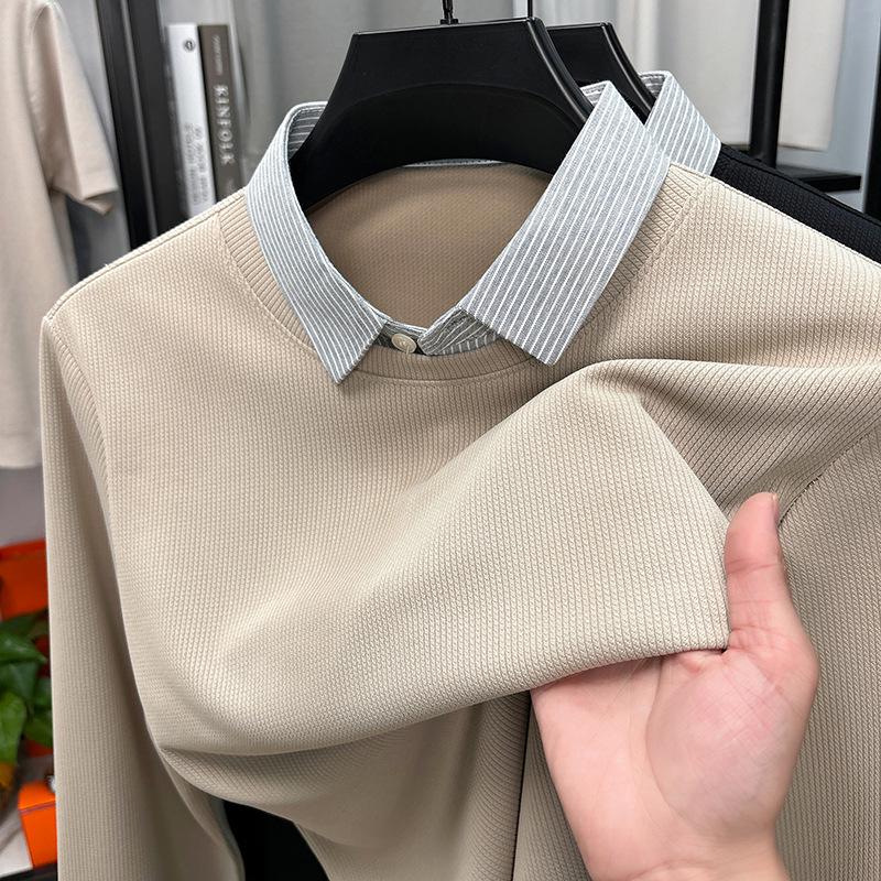 Hanorac cu dungi pentru bărbați, stil toamnă, business casual, cu guler tip cămașă falsă în două piese și mâneci lungi XL off-culoare albă