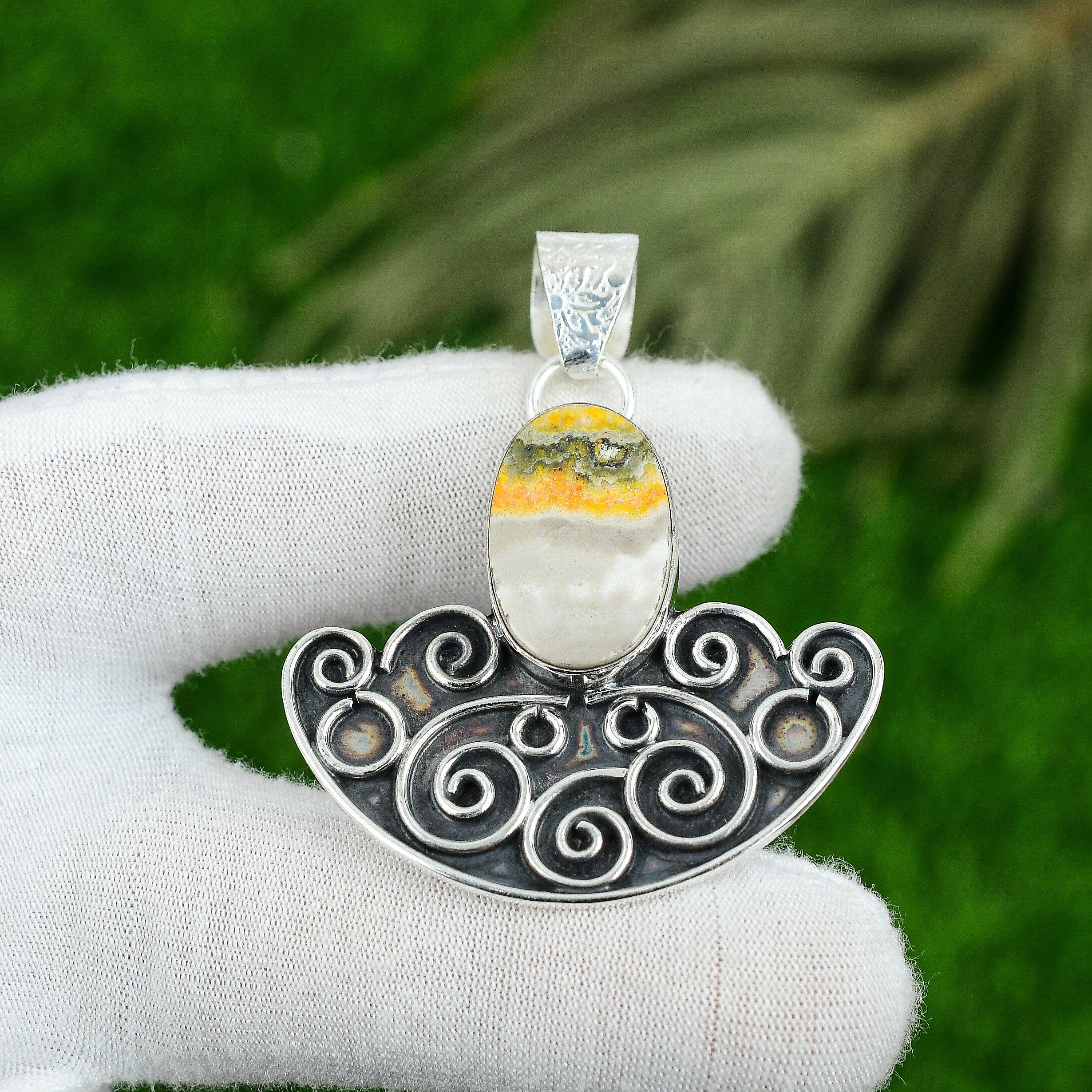 Oval Natural Bumble Bee Jasper Sterling Silver Bezel Sister Unique Boho Pendant