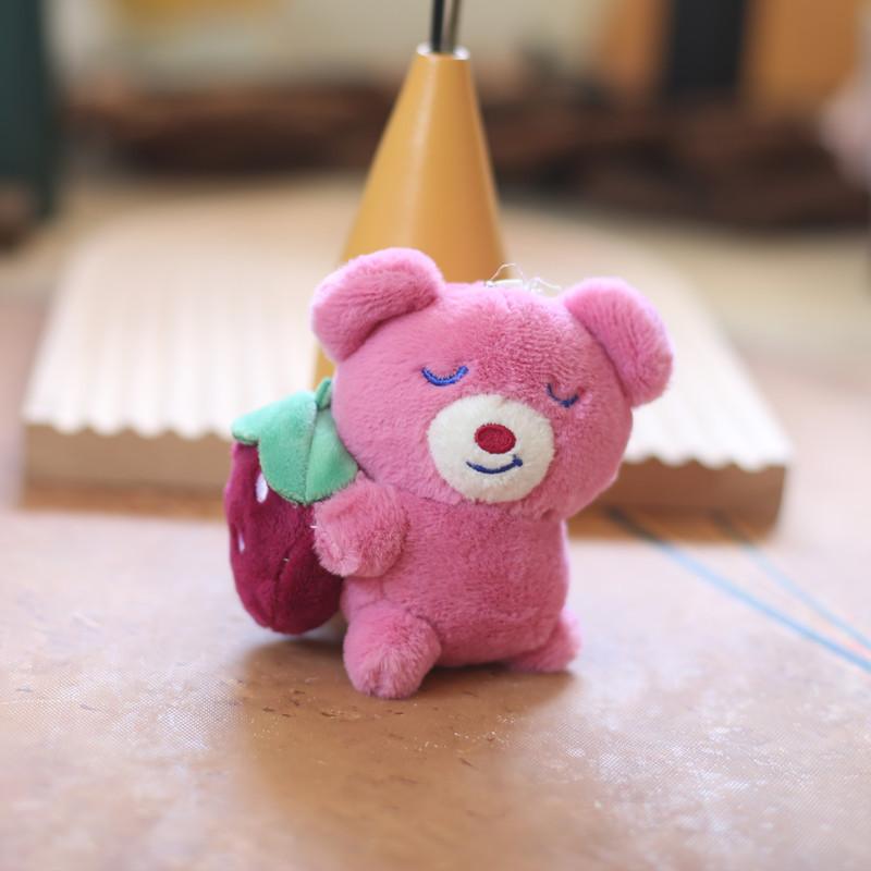 Adorable Pink Strawberry Bear Plush Keychain Soft Short Plush Stuffed Toy