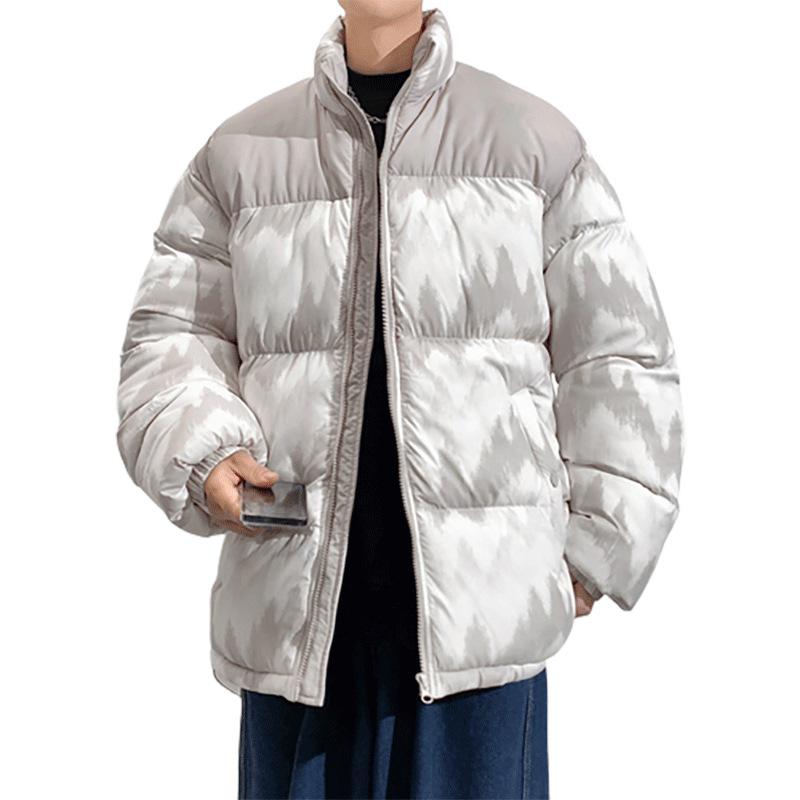 Men's Winter 2025 Wave Pattern Color Block Thick Cotton Jacket with Velvet Lining