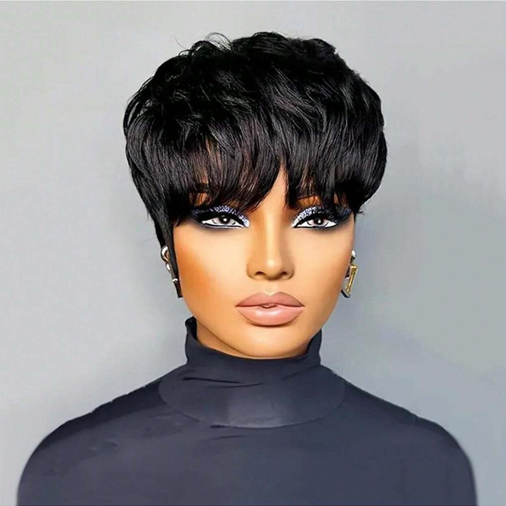 Short Bob Wig ForWomen Pixie Cut Wigs Glueless Wig None Lace Front Wig With Bangs Natural Black Straight Synthetic Wig