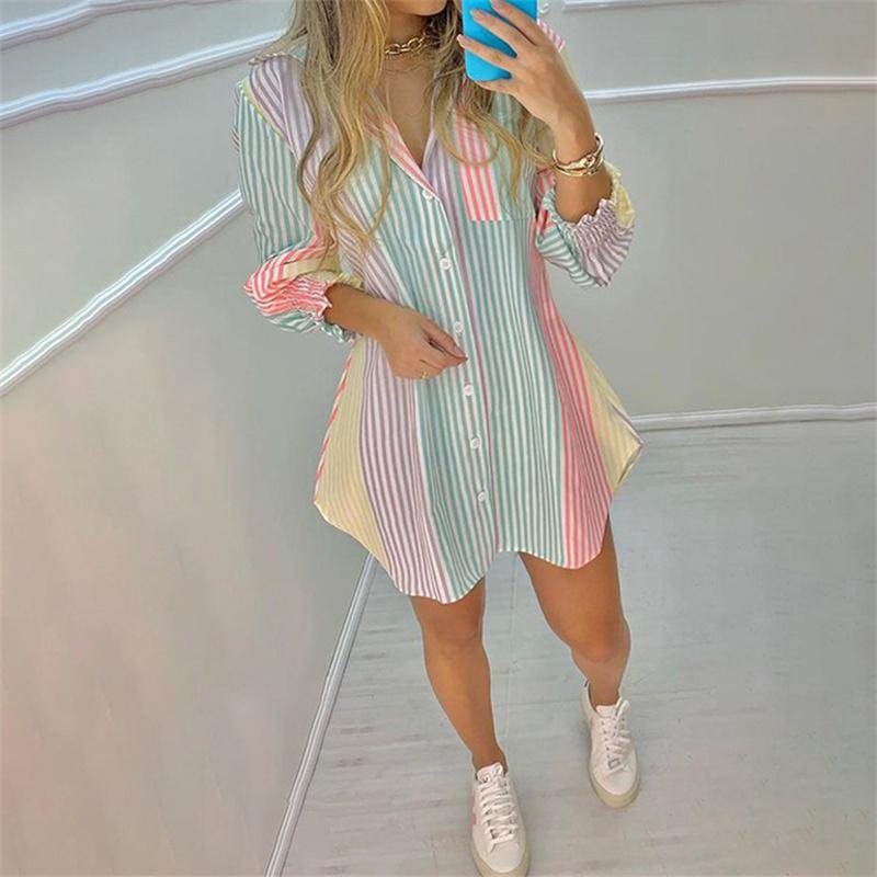 Women Summer Dress Woman Elegant Fashion Casual Party Dresses for Women Lace-up Striped Printing Long Sleeve Midi Shirt Dresses