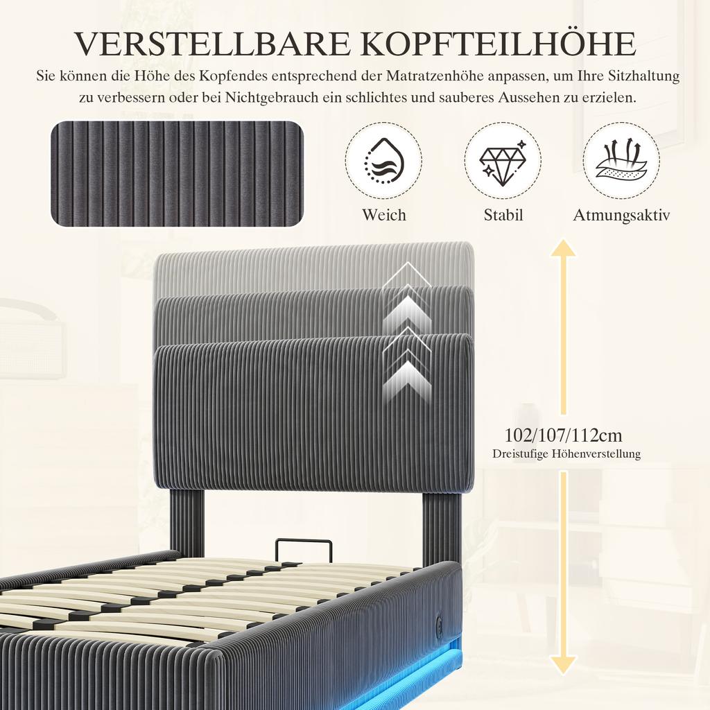 Modern Upholstered Beds with LED Lighting, USB-C Charging, Height-Adjustable Headboard, Corduroy, Slatted Frame, Under-Bed Storage.90*200 Gray