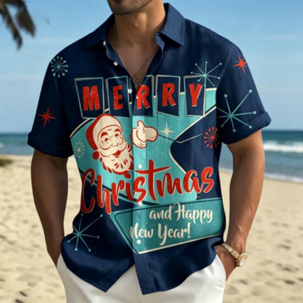 Men's short sleeved shirt, Santa Claus printed short sleeved shirt, European and American holiday casual collar shirt